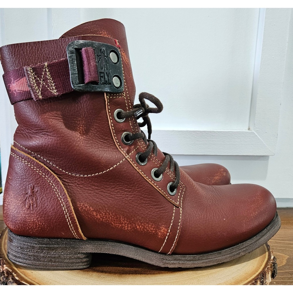 MOTOBIKER Distressed Fly London Burgundy Leather Lace Up Buckle Combat Boots 9